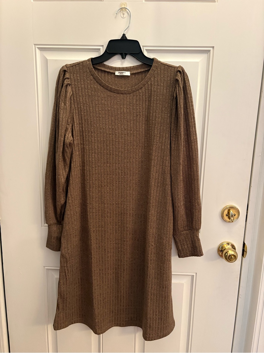 Zeagoo Brown Ribbed Long-Sleeve Sweater Dress